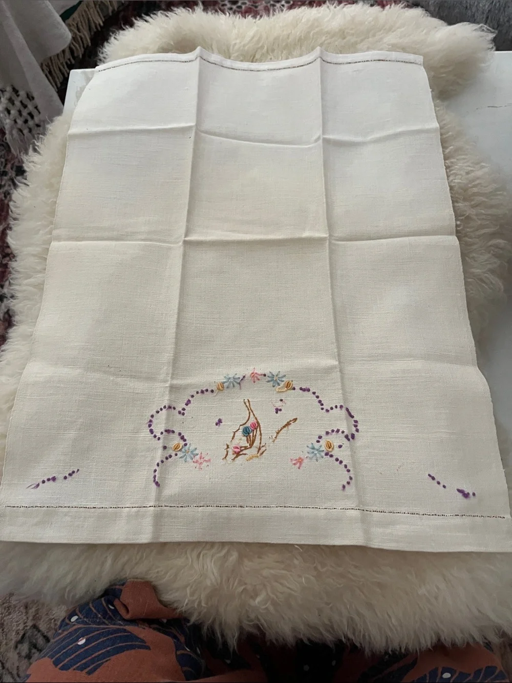 Embroidered Floral Linen Hand Towel in White with Pastel Accents